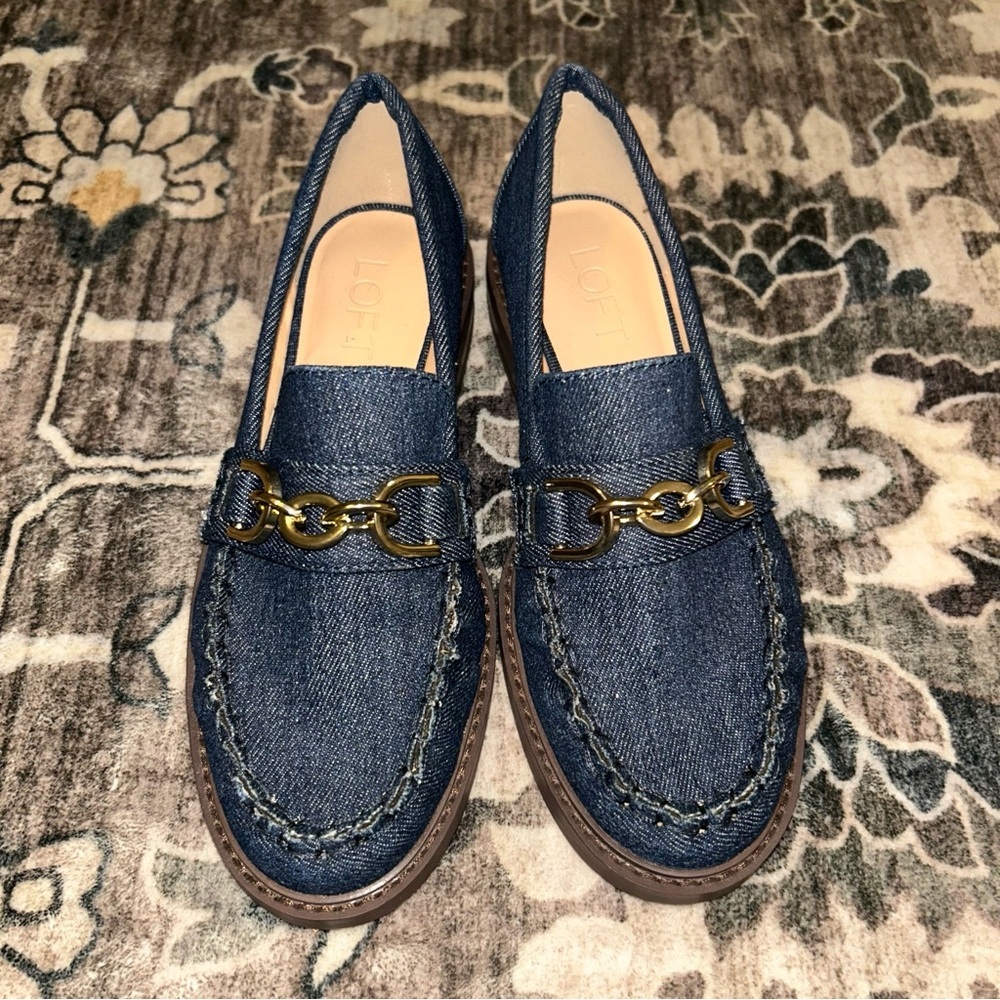 LOFT Blue Denim Loafers with Gold Chain